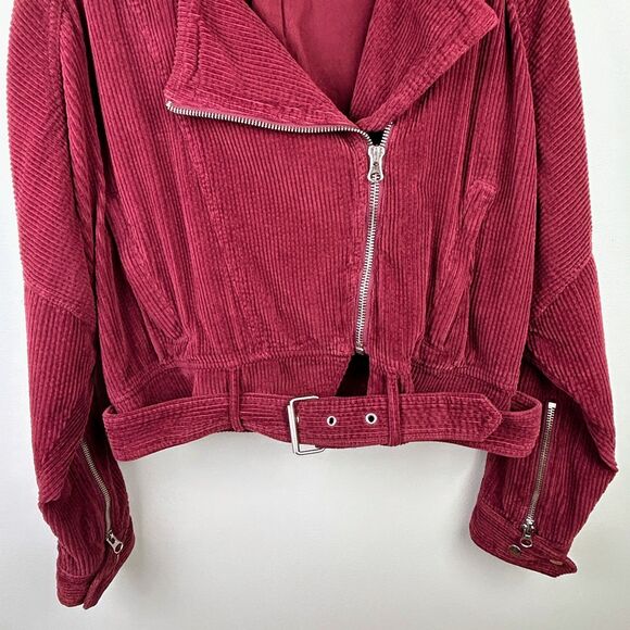 Free People Slouchy Dolman Moto Jacket Corduroy Burgundy Full Zip Lined Belted M - Picture 6 of 16